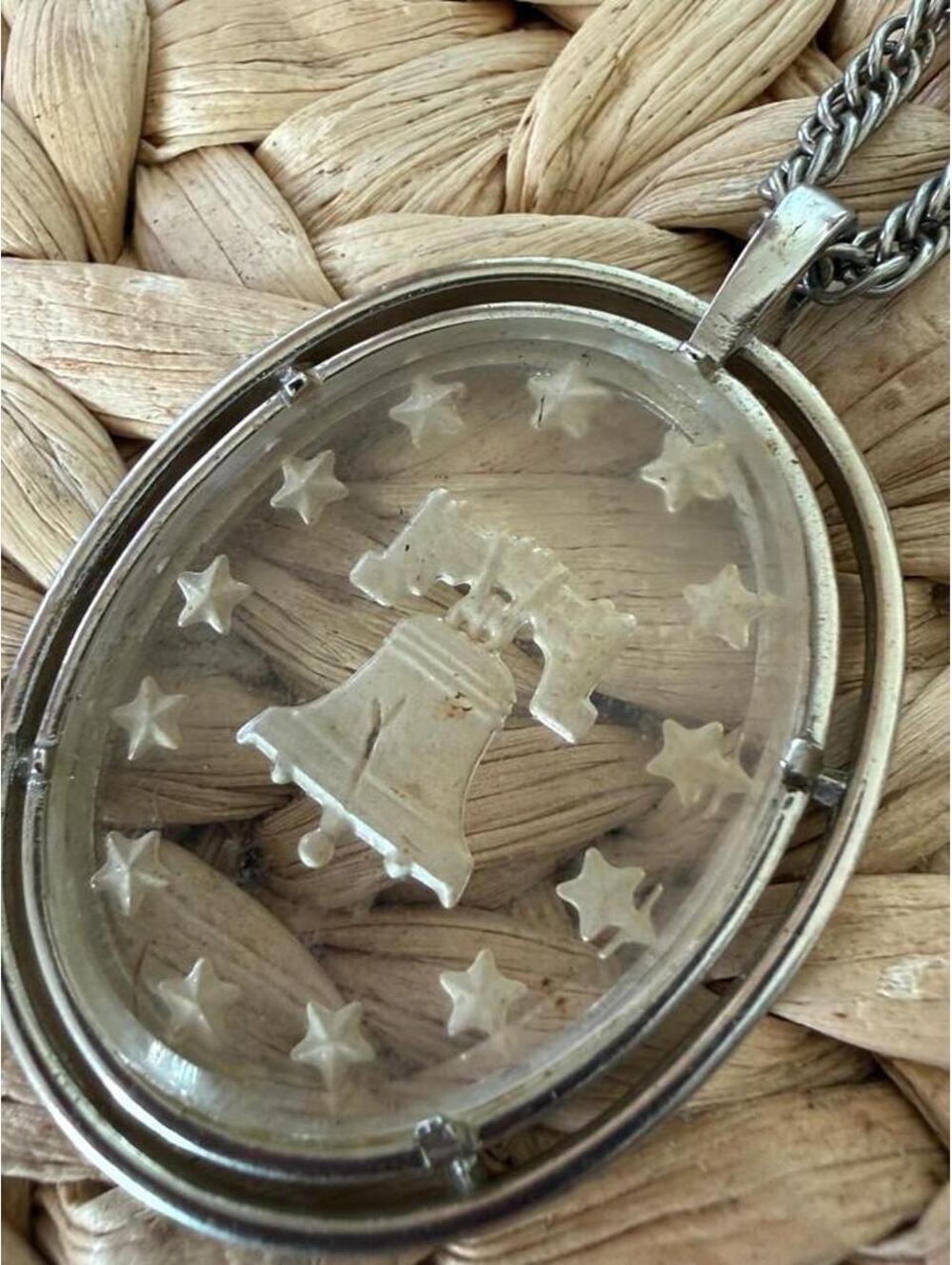 Vintage Etched Crystal Liberty Bell Pendant Necklace
